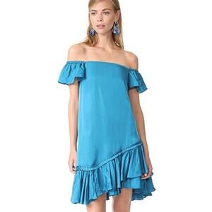 Cinq a Sept Blue Minella Off-The-Shoulder Satin Ruffle Mini Dress Size 12 | Flaw